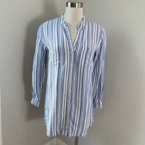 Cloth & Stone Womens Small Western Striped Fray Hem Tunic Top Linen Blend Shirt - Picture 1 of 15